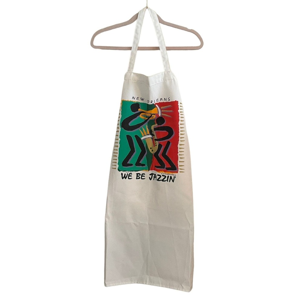 VTG 1993 New Orleans We Be Jazzin' Jazz Themed Apron Saxophone Trumpet Brass